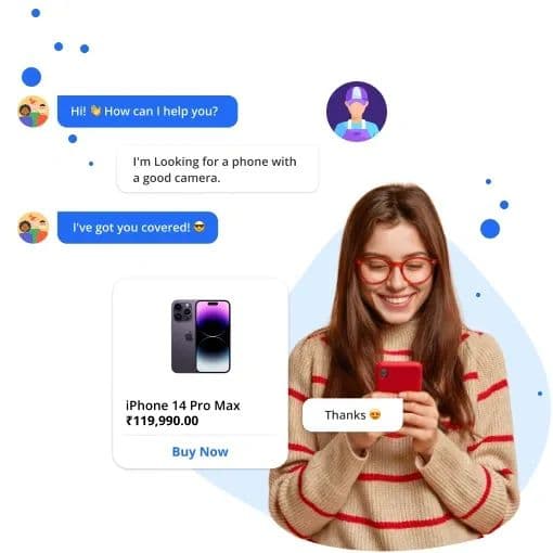 A WhatsApp conversation where a shopper asks for a phone with a good camera and is sent a product card to buy from.
